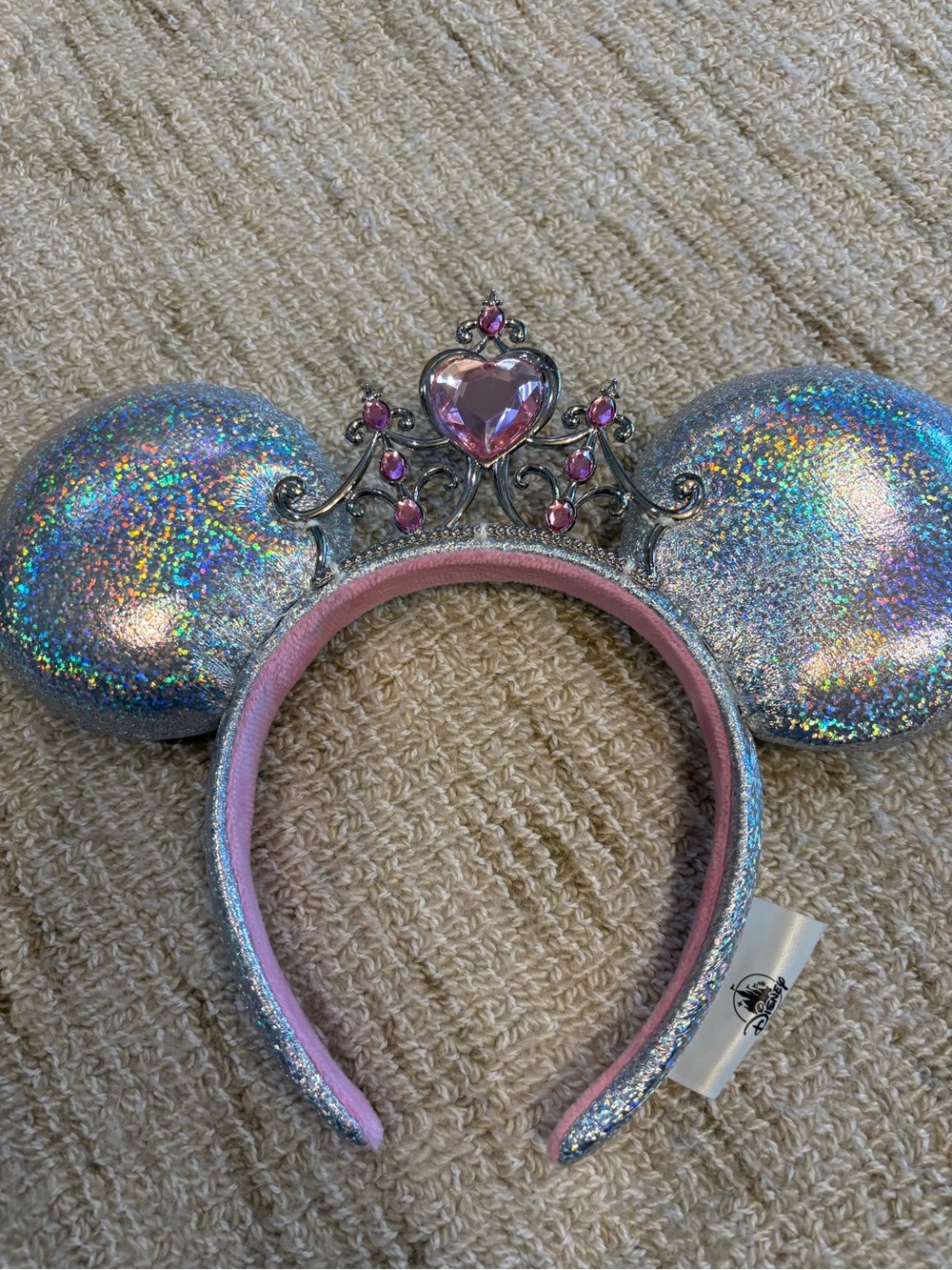 Disney Silver Holographic Minnie Ears Headband with Pink Jewel Tiara